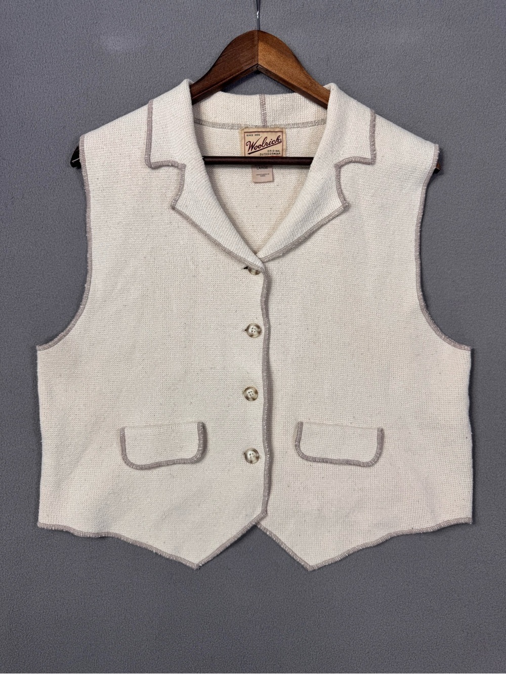 Vintage Woolrich Original Outdoorwear Cream Knit Buttoned Vest with Taupe Trim,L